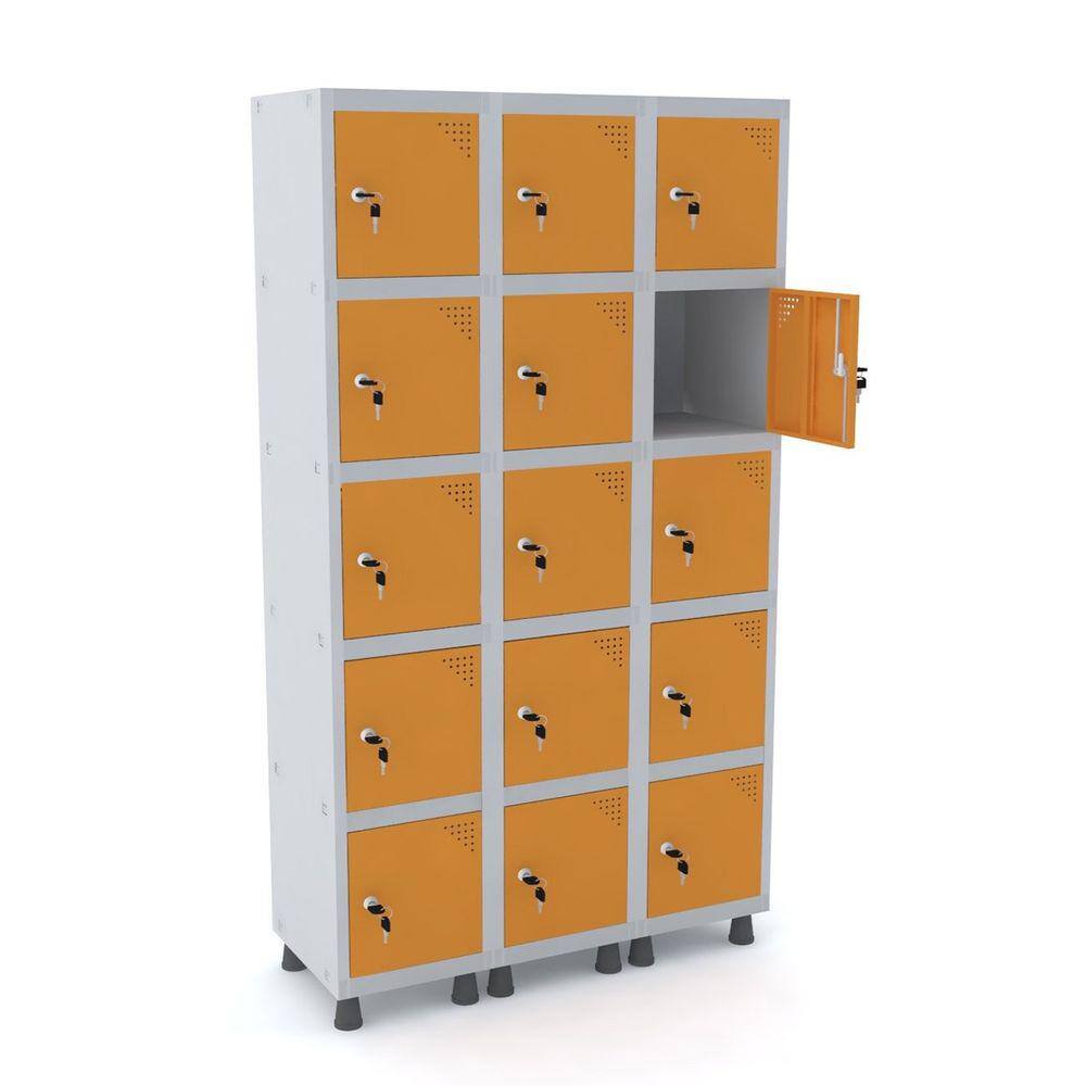 Roupeiro De Aço 3M 15 Portas Fechadura Pandin - Cinza/Laranja
