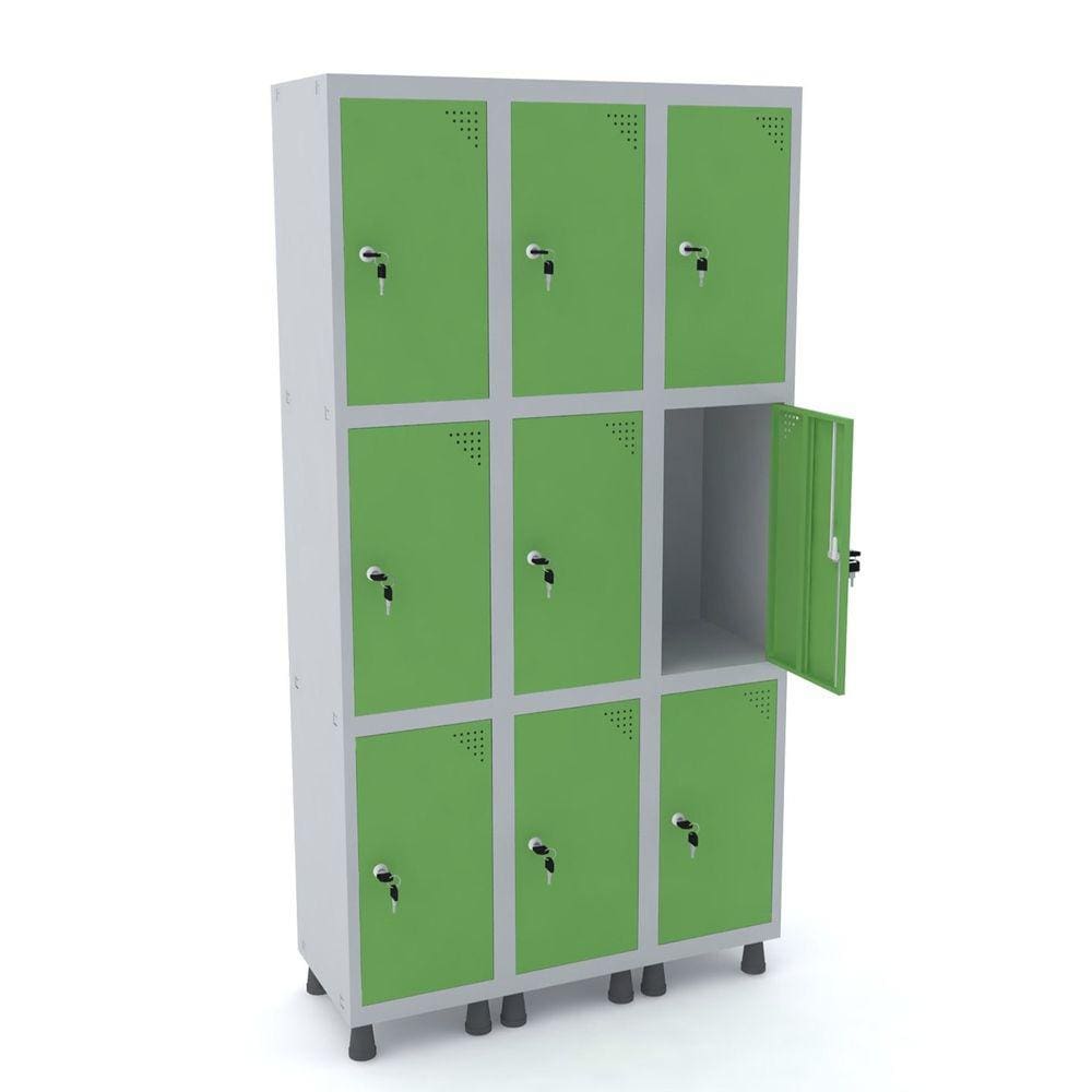 Roupeiro De Aço 3M 09 Portas Fechadura Pandin - Cinza/Verde