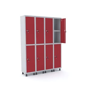 Roupeiro De Aço 4M 08 Portas C/ Prat. Fechadura Pandin - Cinza/Vermelho