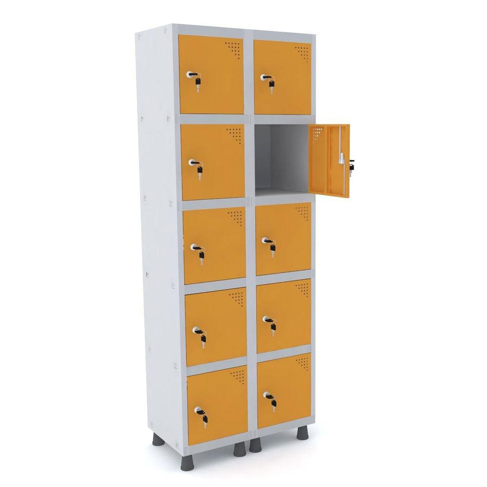Roupeiro De Aço 2M 10 Portas Fechadura Pandin - Cinza/Laranja