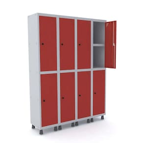 Roupeiro De Aço 4M 08 Portas C/ Prat. Pitão Pandin - Cinza/Vermelho