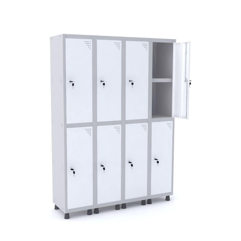 Roupeiro De Aço 4M 08 Portas C/ Prat. Fechadura Pandin - Cinza/Branco