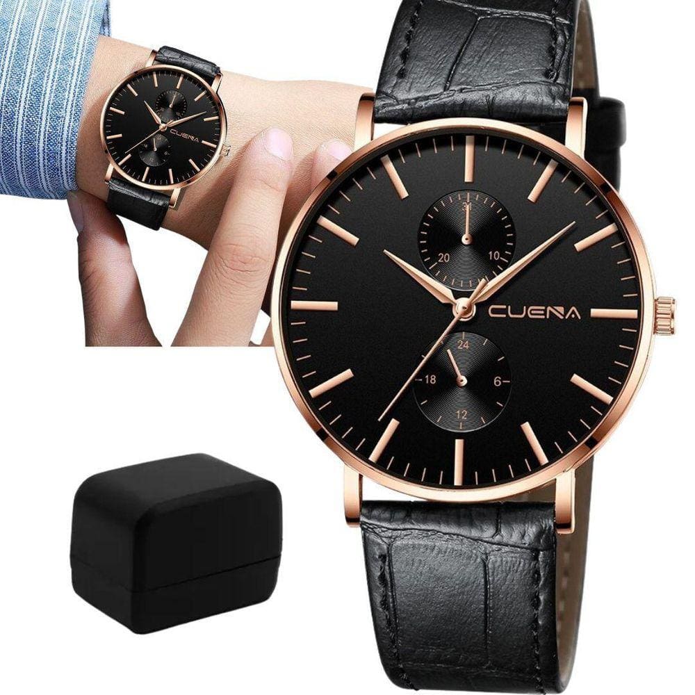 Relógio Preto E Bronze Ultrafino Croco + Caixa