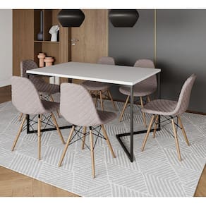 Mesa Industrial Retangular Base V Aço Preto 137x90cm Branca 6 Cadeiras Madeira Estofadas Nude Médio