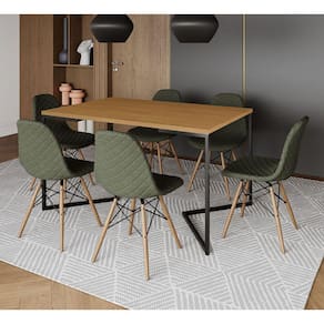 Mesa Industrial Retangular Base V Aço Preto 137x90cm Canela 6 Cadeiras Madeira Estofadas Verde
