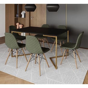 Mesa Industrial Retangular Preta Base V Dourada 137x90cm com 6 Cadeiras Estofadas Verdes Madeira
