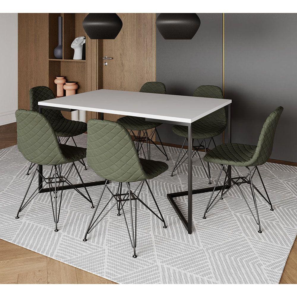 Mesa Industrial Retangular Base V 137x90cm Branca C/ 6 Cadeiras Estofadas Verdes Eiffel Aço Preto
