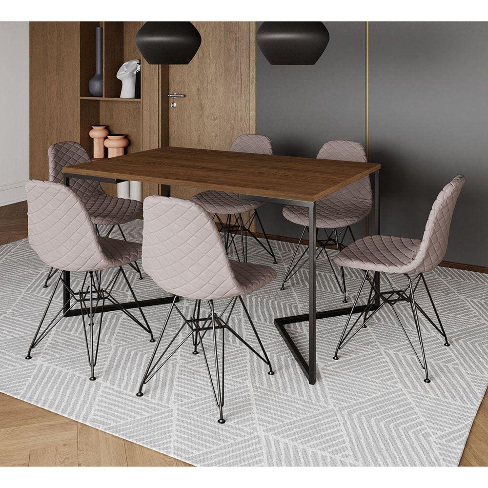 Mesa Industrial Retangular Base V 137x90cm Amêndoa 6 Cadeiras Eames Aço Preto Estofadas Nude Médio