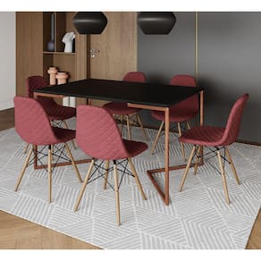 Mesa Industrial Retangular Preta Base V Cobre 137x90cm 6 Cadeiras Estofadas Eames Vermelhas Madeira