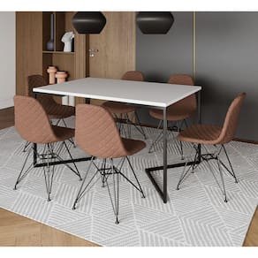 Mesa Industrial Retangular Base V 137x90cm Branca C/ 6 Cadeiras Estofadas Caramelo Eiffel Aço Preto