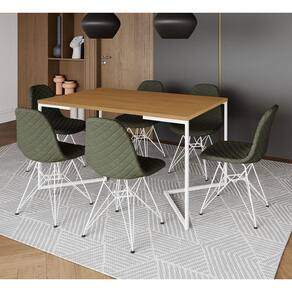 Mesa Industrial Retangular Canela Base V 137x90cm C/ 6 Cadeiras Eiffel Estofadas Verdes Aço Branco