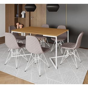 Mesa Industrial Retangular Canela Base V 137x90cm C/ 6 Cadeiras Eiffel Estofadas Nude Médio Aço Bran