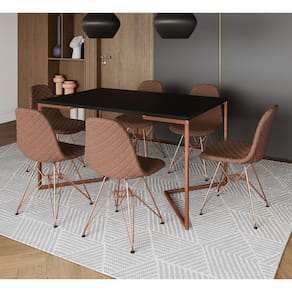 Mesa Industrial Retangular Preta Base V Cobre 137x90cm C/ 6 Cadeiras Estofadas Caramelo Eames Cobre