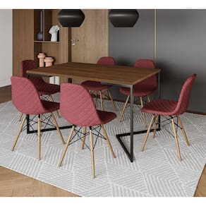 Mesa Industrial Retangular Base V Aço Preto 137x90cm Amêndoa 6 Cadeiras Madeira Estofadas Vermelho