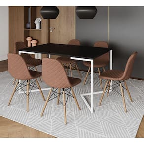 Mesa Industrial Retangular Preta Base V Aço Branco 137x90cm C/ 6 Cadeiras Madeira Estofadas Caramelo