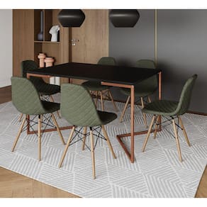 Mesa Industrial Retangular Preta Base V Cobre 137x90cm 6 Cadeiras Estofadas Eames Verdes Madeira