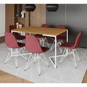 Mesa Industrial Retangular Canela Base V 137x90cm C/ 6 Cadeiras Eiffel Estofadas Vermelhas Aço Branc