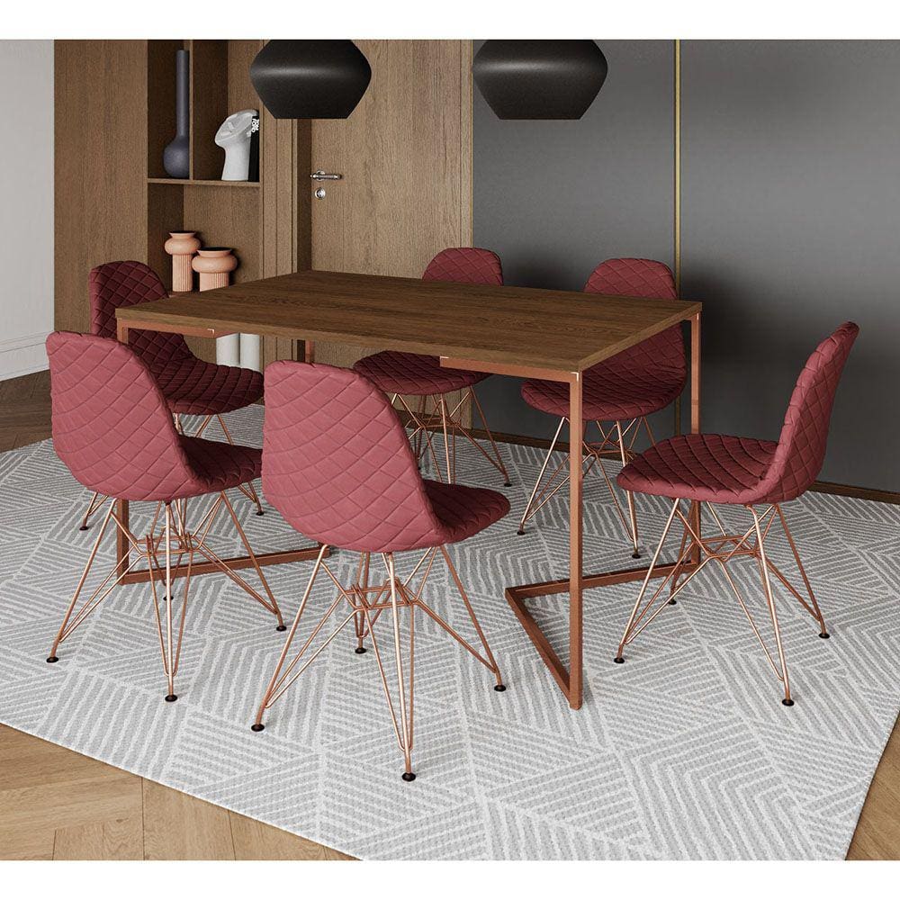 Mesa Industrial Retangular Amêndoa Base V Cobre 137x90cm C/ 6 Cadeiras Estofadas Vermelhas Cobre