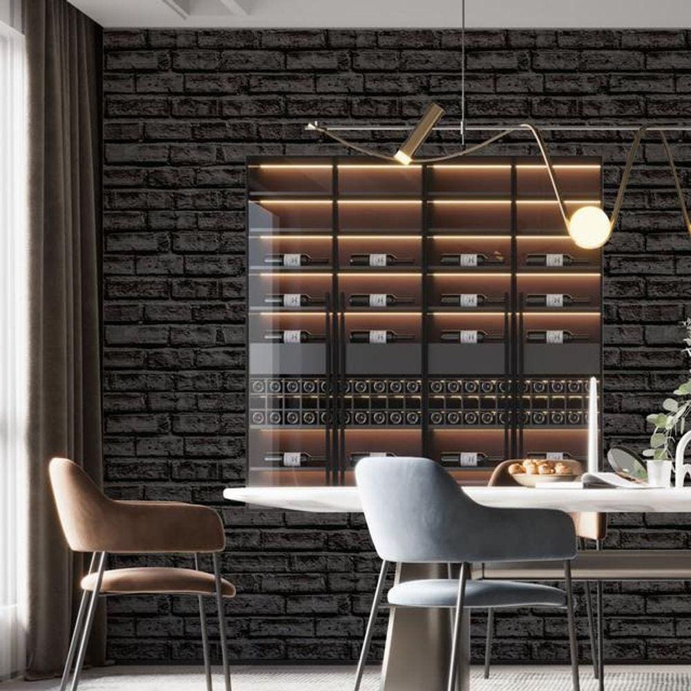 Kit 6 Rolos Papel De Parede Adesivo Tijolo Preto Dark 3,0M