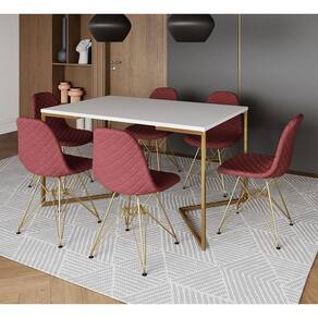 Mesa Industrial Retangular Branca Base V Dourada 137x90cm 6 Cadeiras Estofadas Vermelhas Dourada