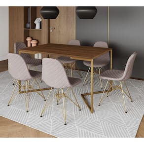 Mesa Industrial Retangular Amêndoa Base V Dourada 137x90cm 6 Cadeiras Dourada Estofadas Nude Médio