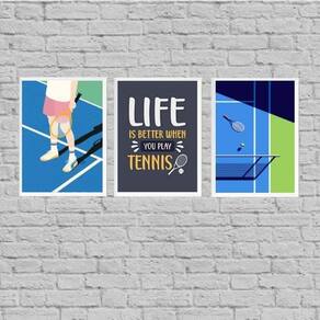 Kit 3 Quadros Play Tennis 45X34Cm - Com Vidro Branca