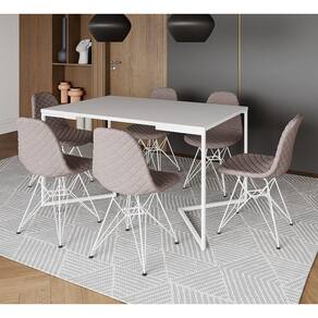 Mesa Industrial Retangular Branca Base V 137x90cm C/ 6 Cadeiras Estofadas Nude Médio Eiffel Aço Bran