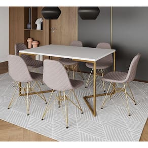Mesa Industrial Retangular Branca Base V Dourada 137x90cm 6 Cadeiras Estofadas Nude Médio Dourada
