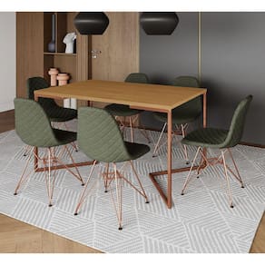 Mesa Industrial Retangular Canela Base V Cobre 137x90cm C/ 6 Cadeiras Estofadas Verdes Cobre