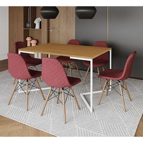 Mesa Industrial Retangular Canela Base V Aço Branco 137x90cm 6 Cadeiras Madeira Estofadas Vermelhas
