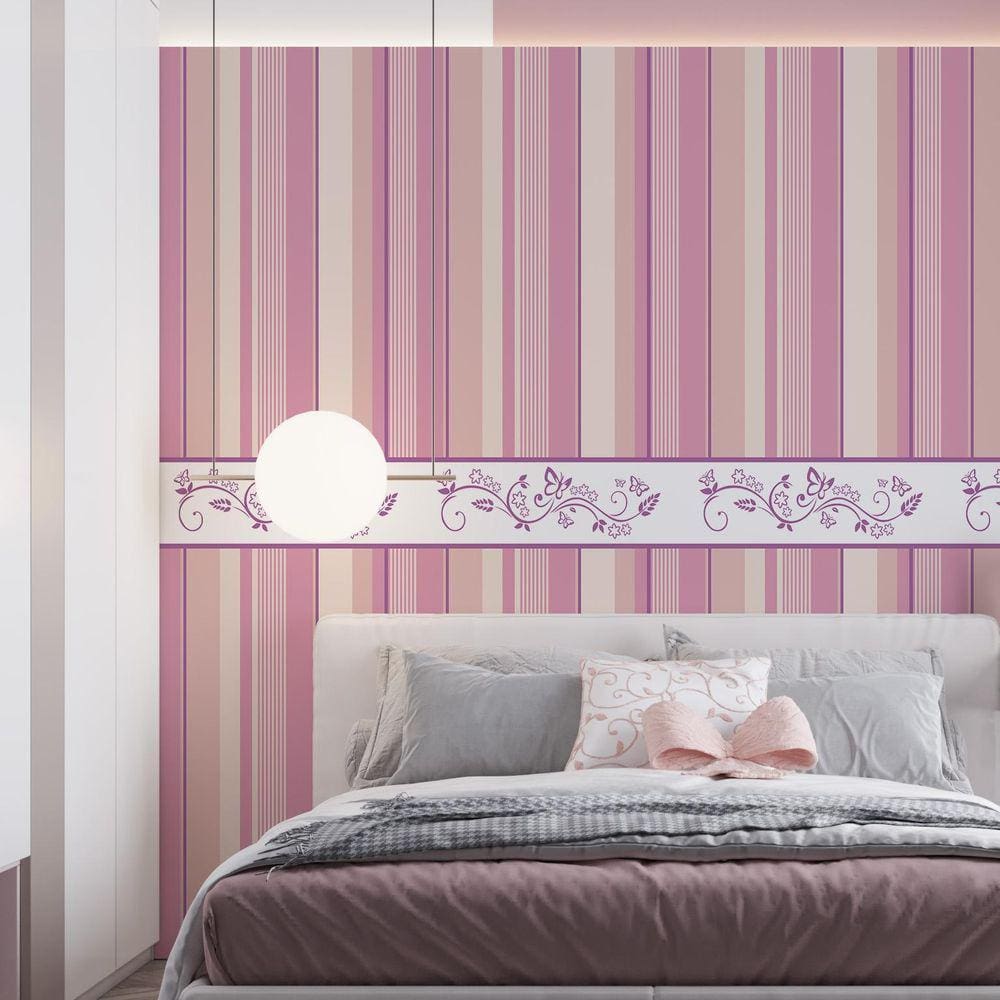Kit 7 Rolos Papel De Parede Adesivo Baby Listrado Rosa 3,0M