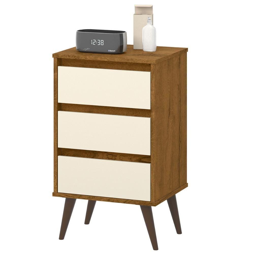 Mesa de Cabeceira Retrô Wood 3 Gavetas Organizadoras Pés Palito Anti-Umidade Mesinha Decorativa Quarto Lateral Cama - Freijó/Off White - RPM Móveis