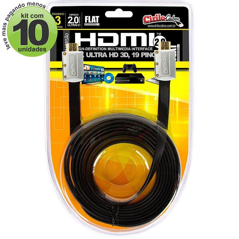 Cabos Hdmi 2.0 Flat Desmontável - 3 Mt Kit Com 10