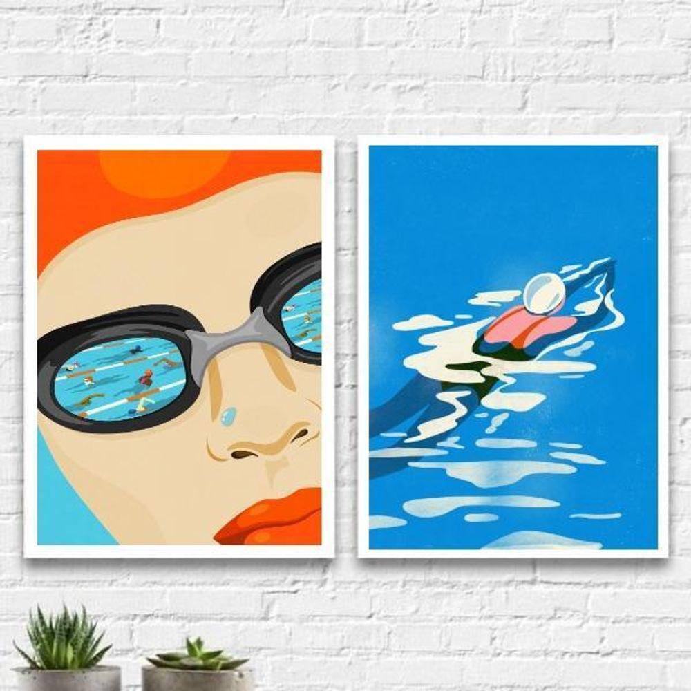 Kit 2 Quadros Decorativos Natação 33X24Cm - Com Vidro Branca
