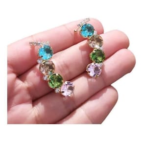 Brinco Ear Cuff Zirconia Colorido Festa Par - Dourado