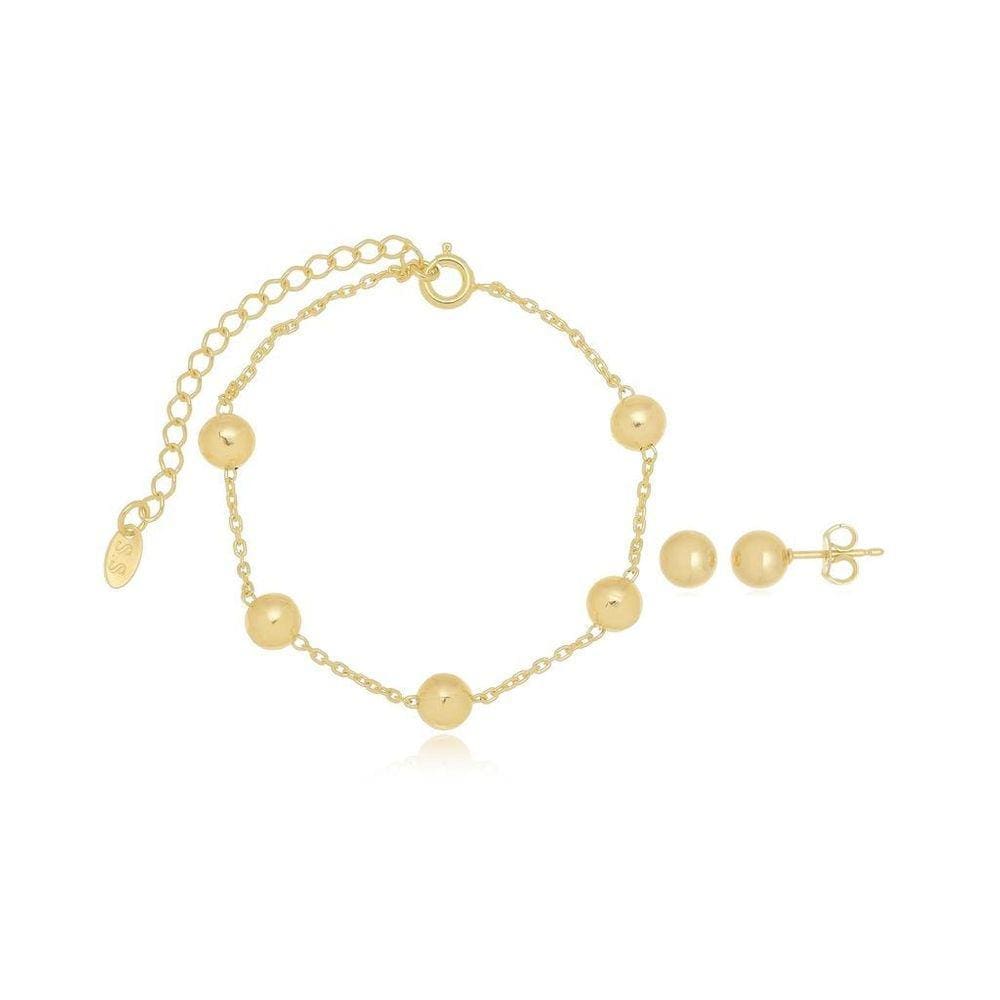 Pulseira E Brinco Bola Banhado A Ouro 18K