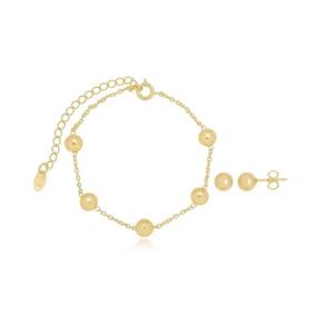 Pulseira E Brinco Bola Banhado A Ouro 18K