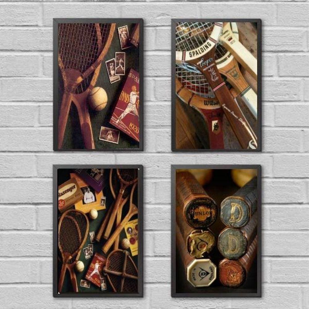 Kit 4 Quadros Esporte Tênis Vintage 45X34Cm Preta