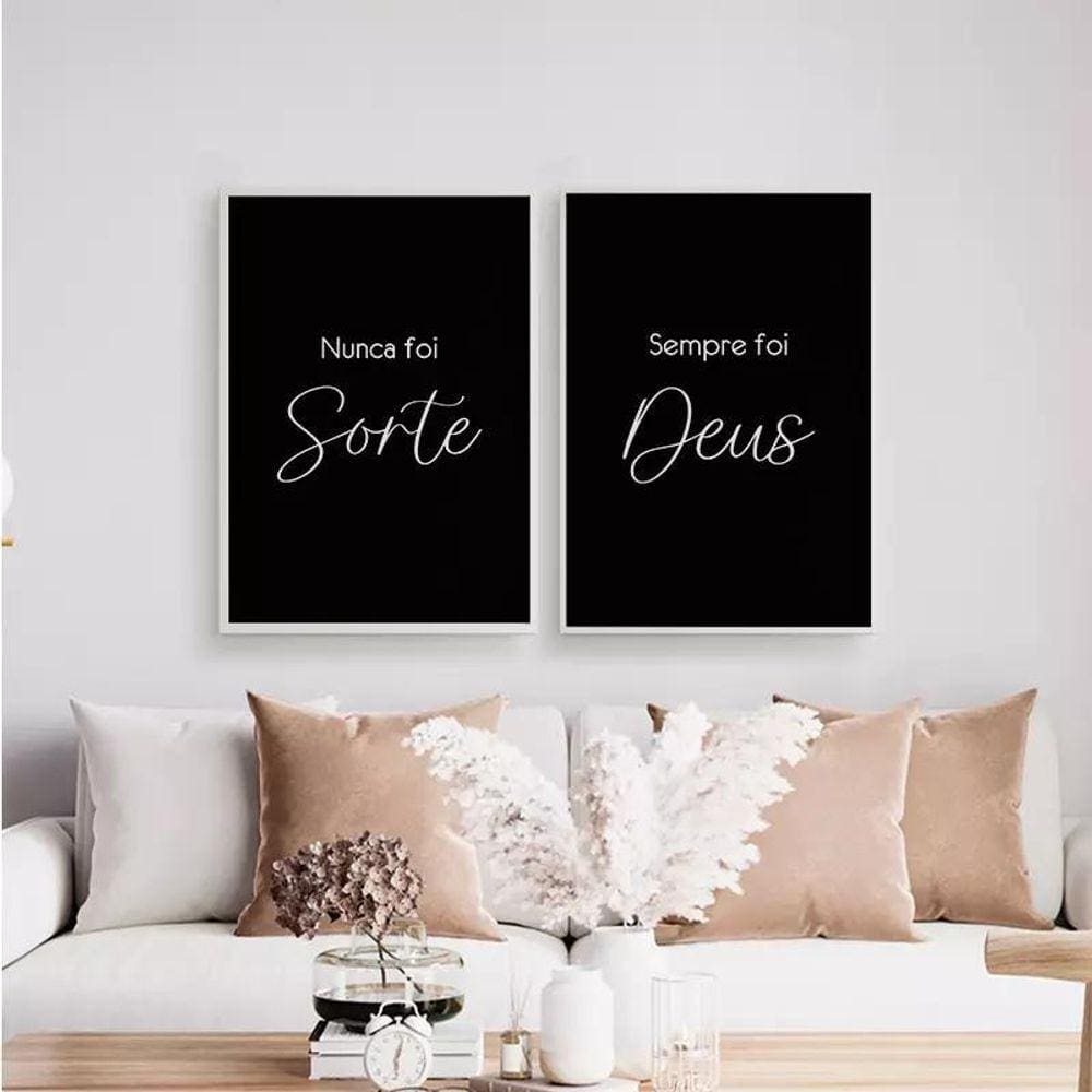 Kit 2 Quadros Nunca Foi Sorte Foi Deus 33X24Cm Vidro Branca