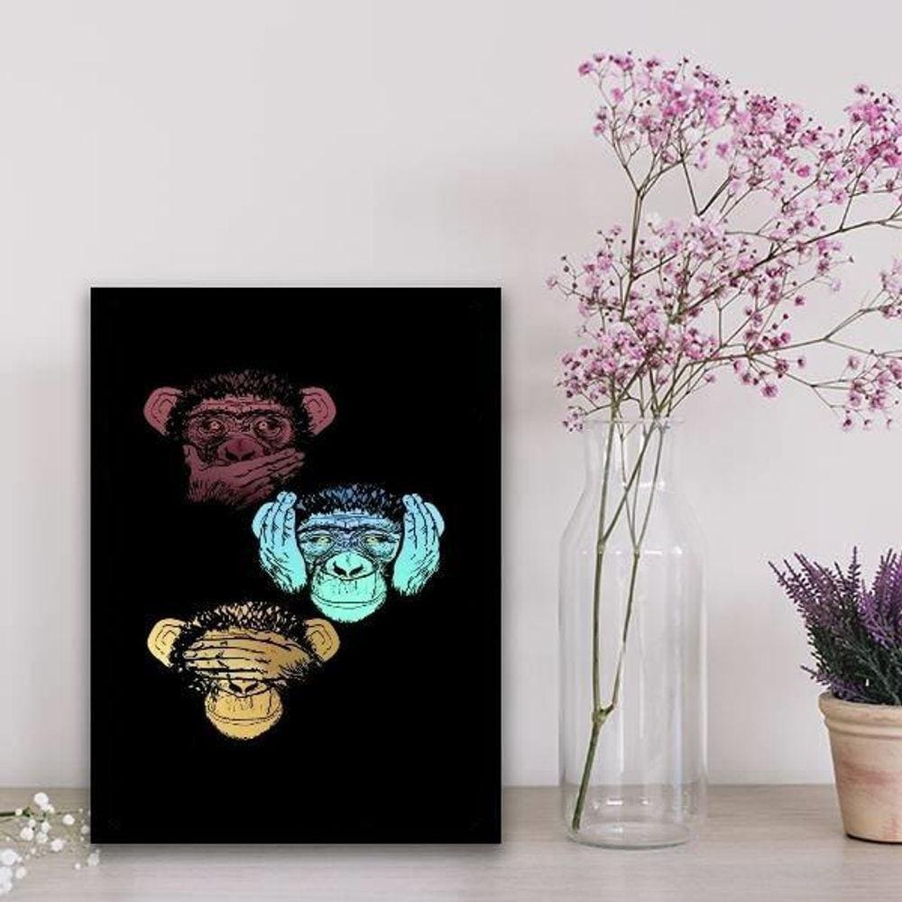 Quadro Três Macacos Sábios 33X24Cm - Com Vidro Preta