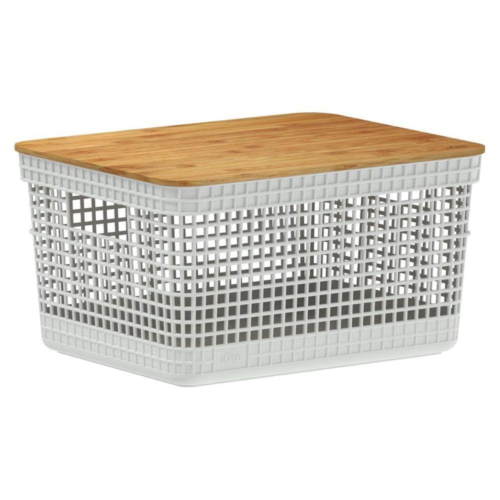 Cesto Organizador Grid Com Tampa Bambu Branco 20L Ou