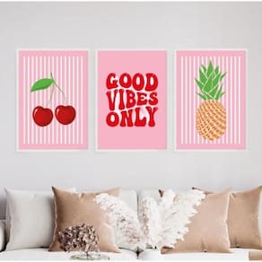 Kit 3 Quadros Cereja Abacaxi Good Vibes 45X34Cm Branca