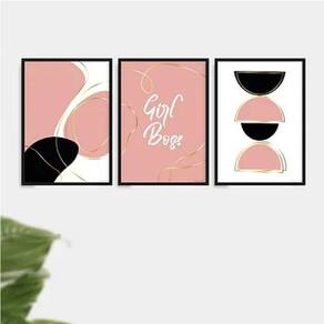 Kit 3 Quadros Abstratos Girl Boss Preto Rosa 24X18Cm Preta