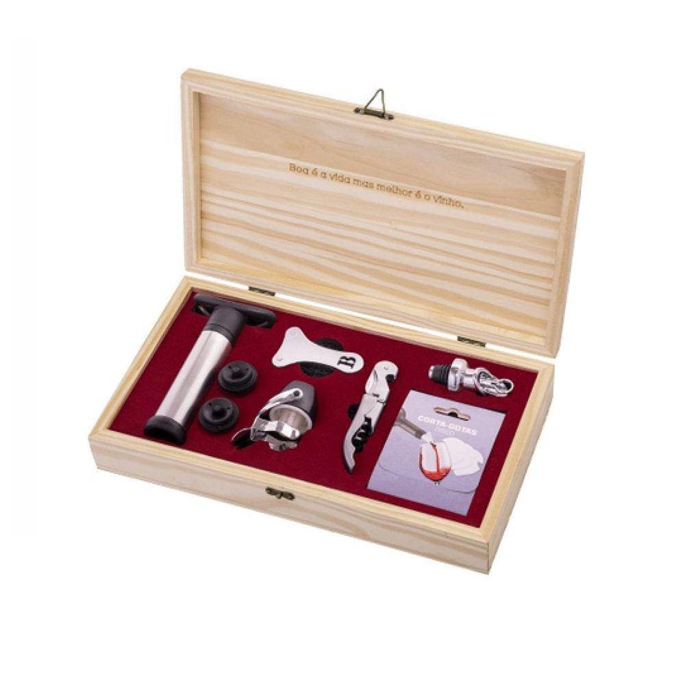Kit Acessórios Vinho Premium Caixa Em Madeira Pinus Luxo Top