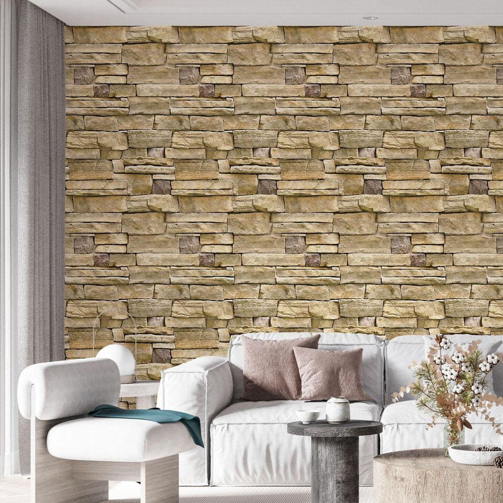 Kit 8 Rolos Papel De Parede Adesivo Pedra Bege 3,0M