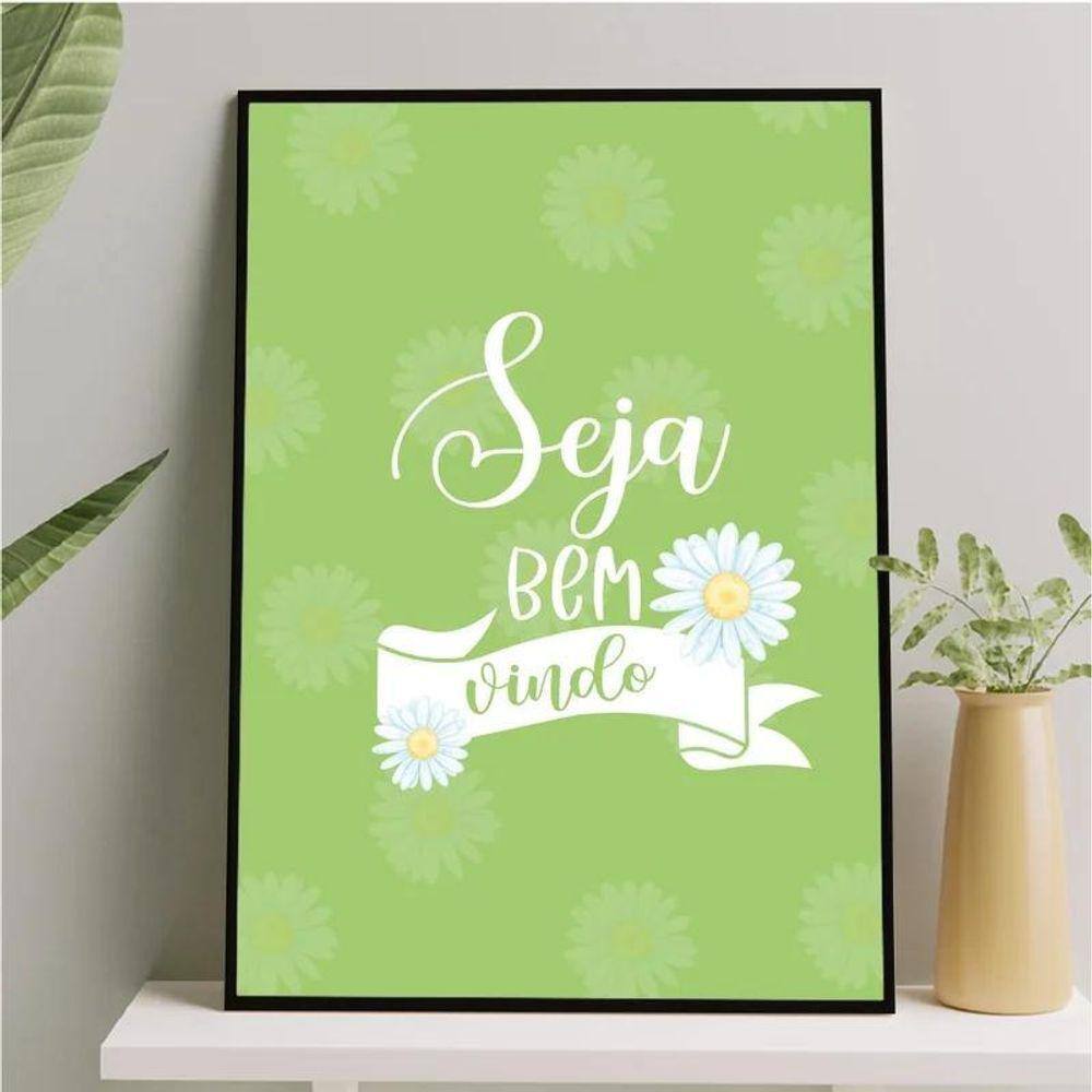 Quadro Seja Bem Vindo - Margaridas 33X24Cm - Com Vidro Preta