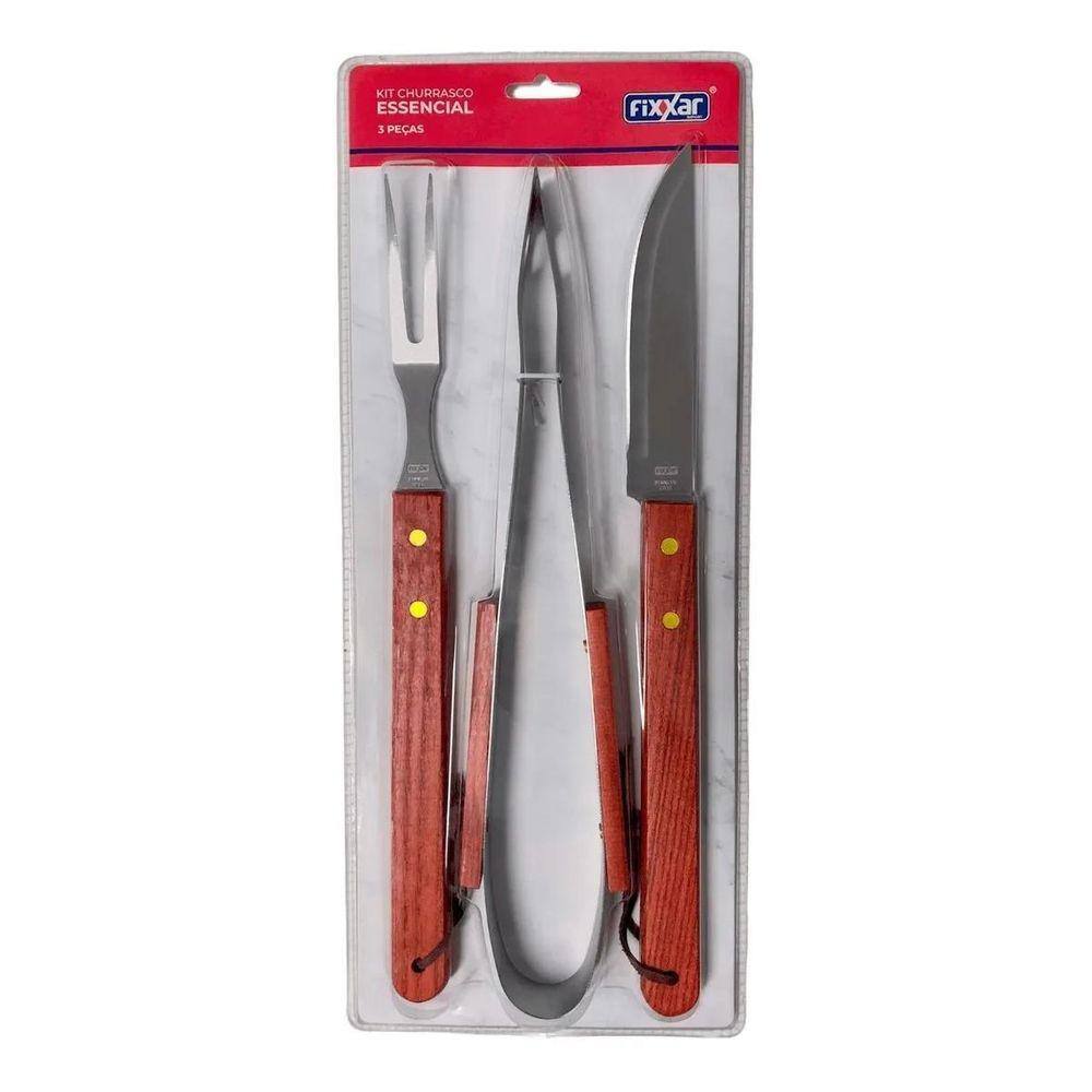 Kit Churrasco Carnes Faca, Garfo E Pegador De Aço Inoxidável
