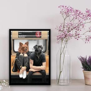 Quadro Montagem Cães Pessoas Metrô 33X24Cm - Com Vidro Preta
