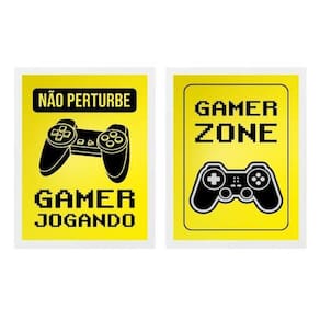 Kit 2 Quadros Gamer Zone Amarelo 45X34Cm - Com Vidro