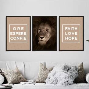 Kit 3 Quadros Leão Ore Espere Confie 45X34Cm Com Vidro Preta